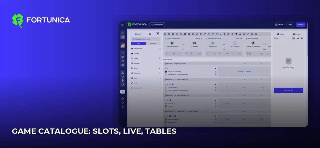 Game catalogue: slots, live, tables